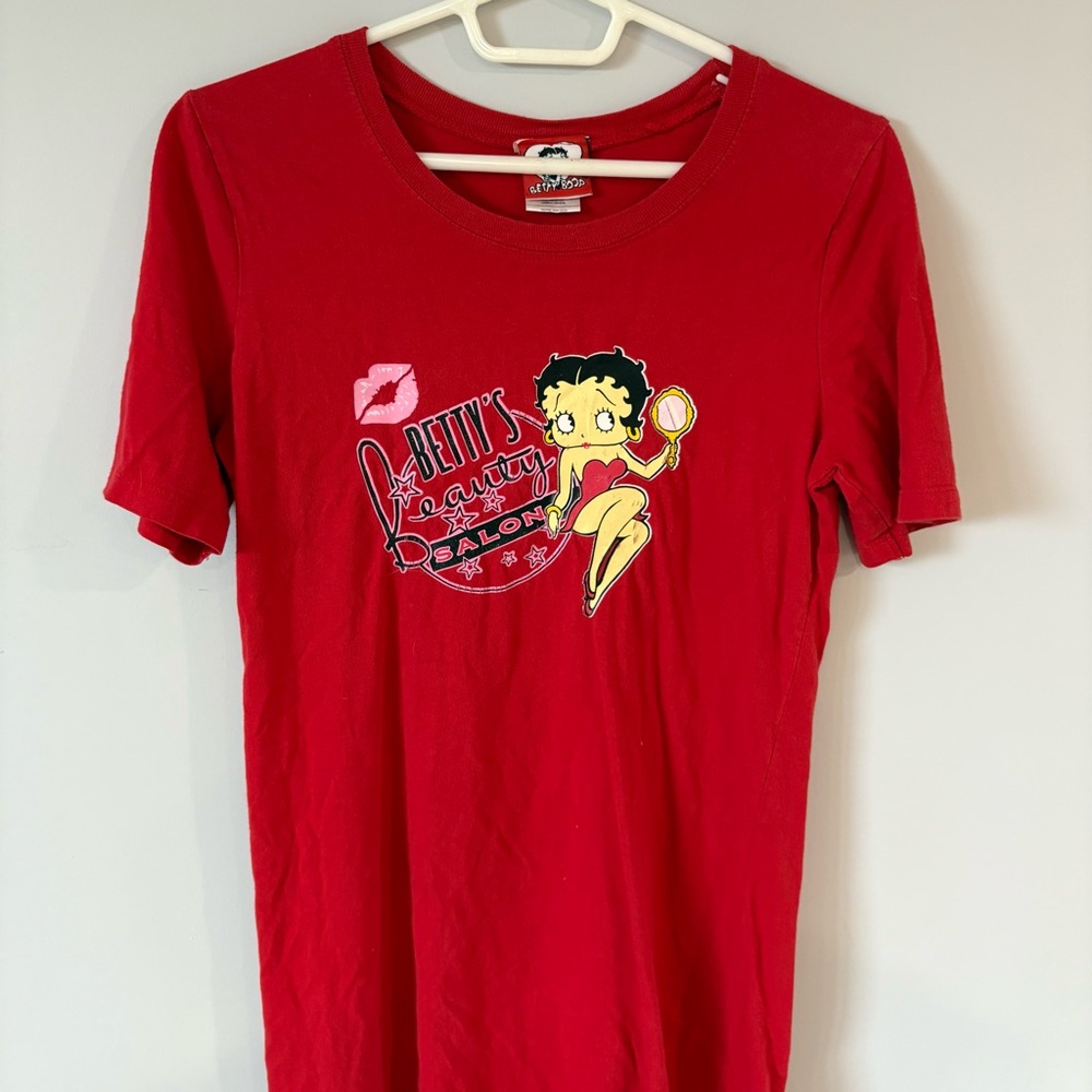 VINTAGE BETTY BOOP Retro Red Short Sleeve Tee Shirt Dress Pink Kiss Graphic - Picture 3 of 12